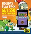 Santa Basic Zombie next to multiple other Plants vs. Zombies 2 characters in an ad for a Holiday Play Pack