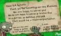 PopCap's note for Electronic Arts. Note it resembles the zombies' notes seen in-game.