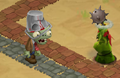 A degraded Buckethead Zombie about to get hit by a Bamboom's projectile