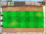 An early screenshot of Level 1-2. Notice the different plant selects, money counter, the different "Menu" button, and the Lawn Mowers.