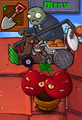 A Catapult Zombie about to get killed by a Cherry Bomb