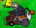 Catapult Zombie crushing a plant (with basketballs on his catapult). Note the sprite of a crushed Wall-nut underneath him.