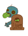 Blue colored Zombie eating a green brain behind a grave saying “i love brains” in the Plants vs. Zombies Style Guide