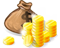 A large stack of coins and a money bag