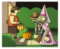 Sheriff Zombie trick or treating next to Princess Zombie