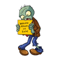 A Zombie holding a sign welcoming the Alicom and Exim licensing agencies to the Plants vs. Zombies brand