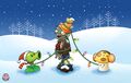 An official Christmas image of a Conehead Zombie, Peashooter and Sun-shroom
