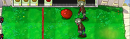 An Explode-o-nut rolling towards two zombies