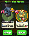 The player having the choice between Zombot Stomp and Team Mascot as a prize for completing a level