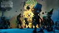 A promotional image with a Buckethead Zombie, Browncoat Zombies and Conehead Zombies as a Potato Mine explodes in the distance