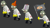 My personally made zombies. Scientist Zombie, Conehead Scientist, Buckethead Scientist, and Scientist Flag Zombie.