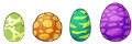 (From the left) Eggshell Imp egg, T. Rex egg, pterodactyl egg, and brontosaurus egg