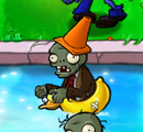 A Ducky Tube Conehead Zombie, the Conehead Zombie's Ducky Tube variant