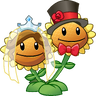 Twin Sunflower (tiara and gown on left head, tie and top hat on right head)