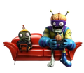 Early Super Brainz design sitting on couch with Imp